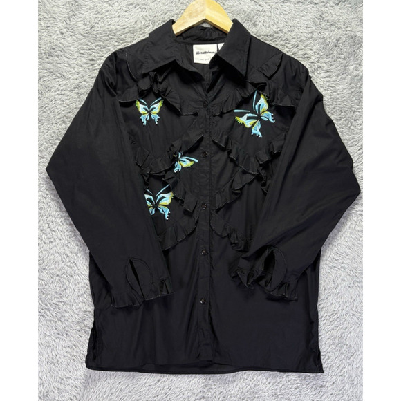 Michael Simon Womens Small Black Embroidered Blue Butterflies Button Down Up Top - Picture 9 of 12